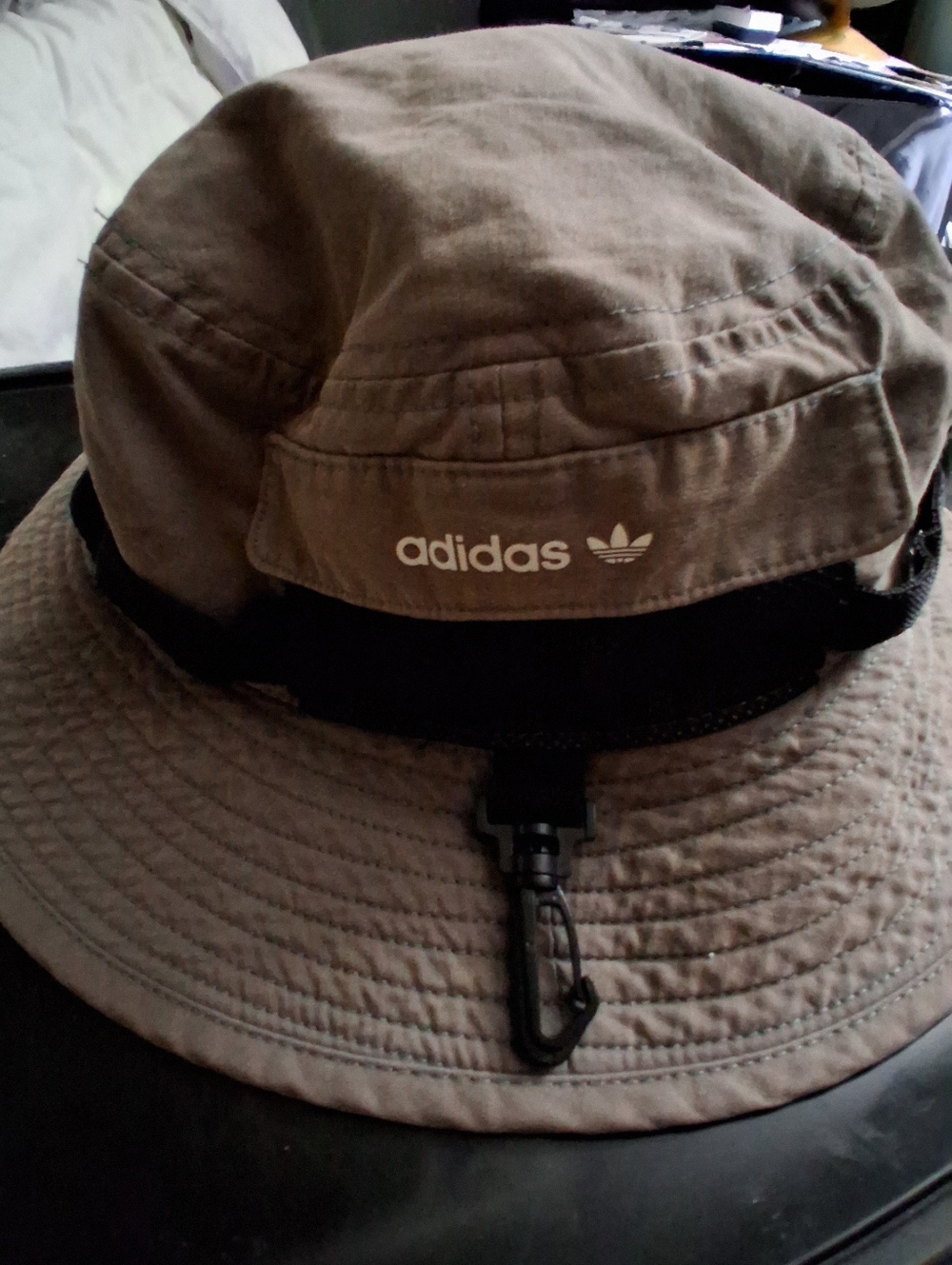 adidas Khaki Bucket Hat with Black Webbing and Rubber Trefoil Side Velcro Pocket - Picture 3 of 7